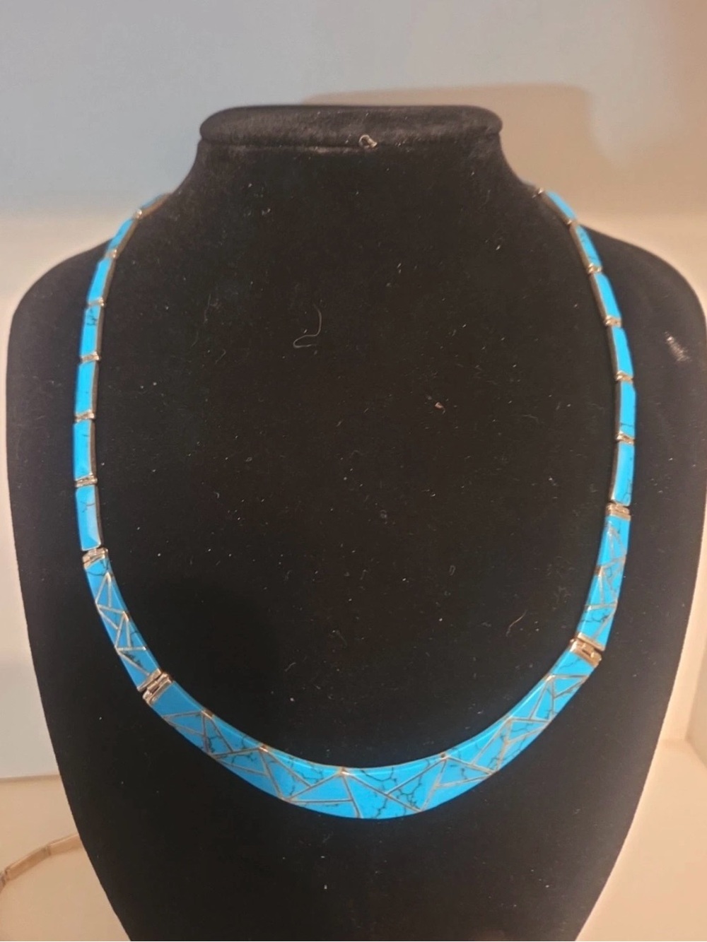 Turquoise Inlay Statement Necklace and Bracelet - Blue- marked 950